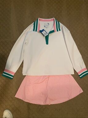 Addison Bay White Polo Top with Pink & Green Trim